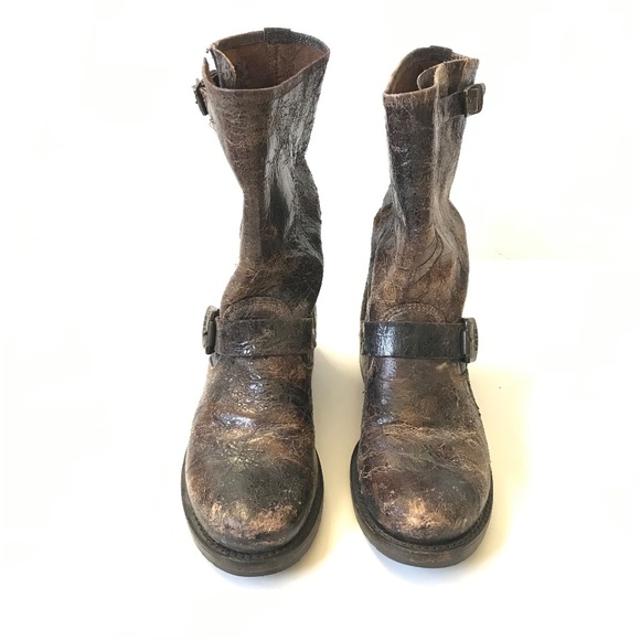 Frye Veronica Harness Distressed Boots Womens 7 Brown Leather Buckle Short Boho - Picture 3 of 11